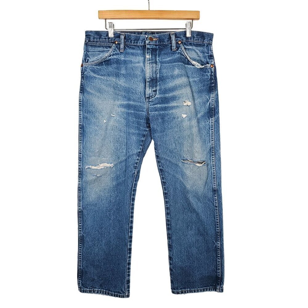 Wrangler Vintage Straight Leg Distressed Jeans Hi-Rise Mid Wash Denim Mens 36x30